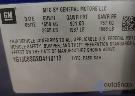 2013 Chevrolet Sonic Lt Auto z USA, uszkodzony, nr VIN 1G1JC6SG2D4110113